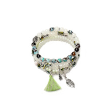 Triple Stacking Glass Beaded Nature Amazon Gemstone With light green Tassel Charm Bracelet